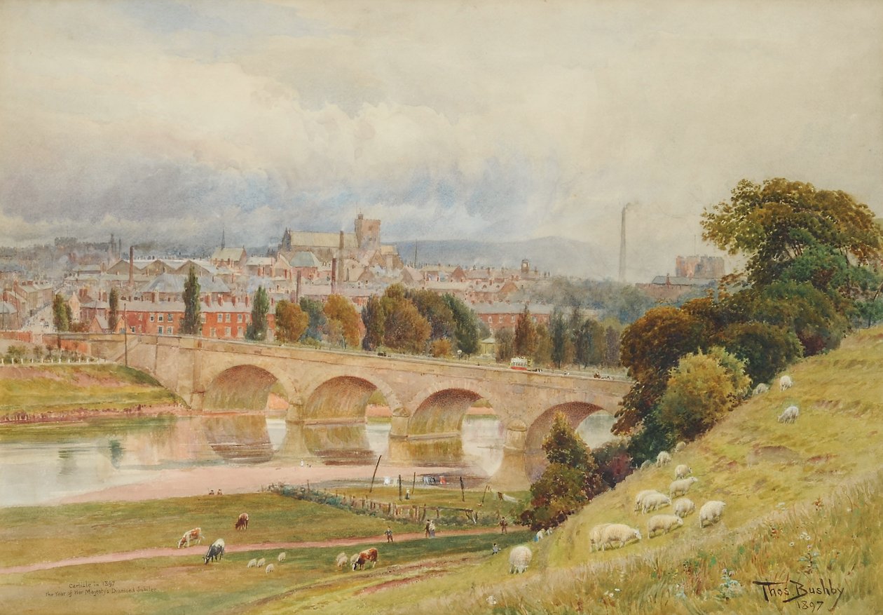Carlisle fra Rickerby Park i året for Her Majestys Diamond Jubilee, 1897 (wc på papir) av Thomas Bushby