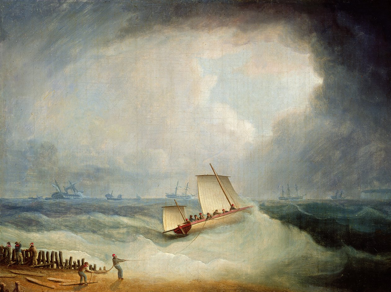 A Deal Lugger drar til et stormbundet skip i Downs, South Foreland av Thomas Buttersworth