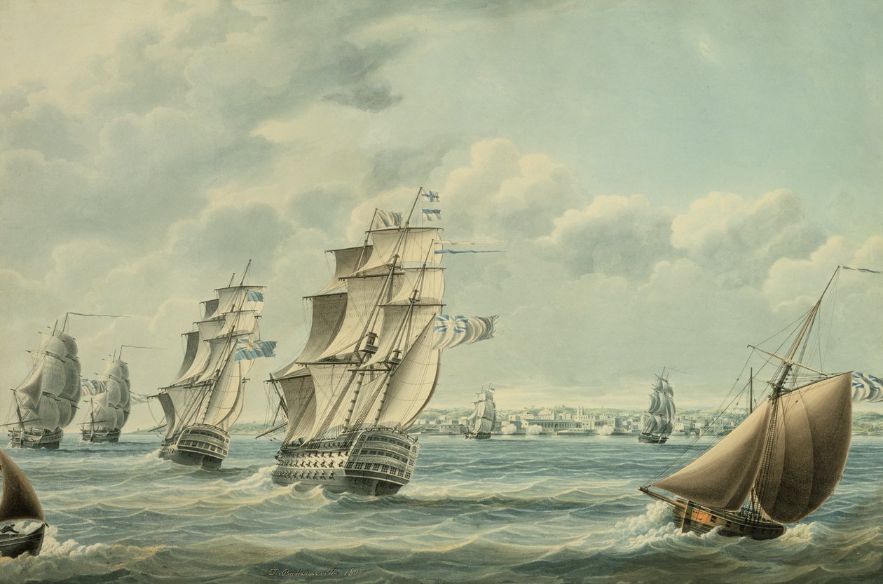 Britiske skip blokkerer Cadiz i 1797, 1797 (wc på papir) av Thomas Buttersworth