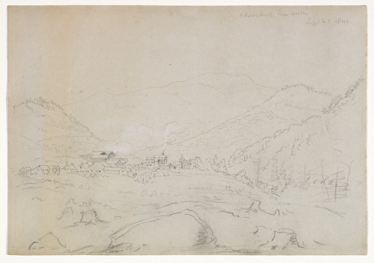 Adirondacks Iron Works, 1846 (grafittblyant på vevd papir) av Thomas Cole