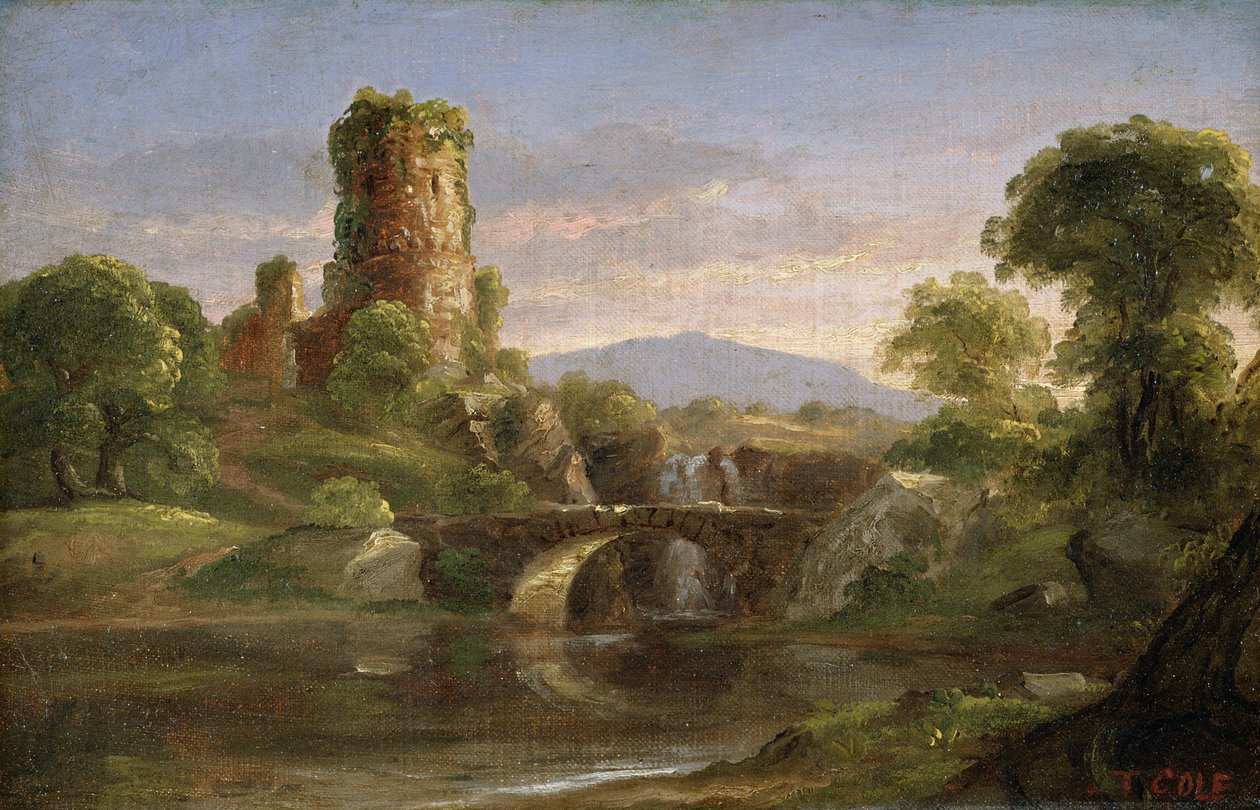 Slott og elv av Thomas Cole