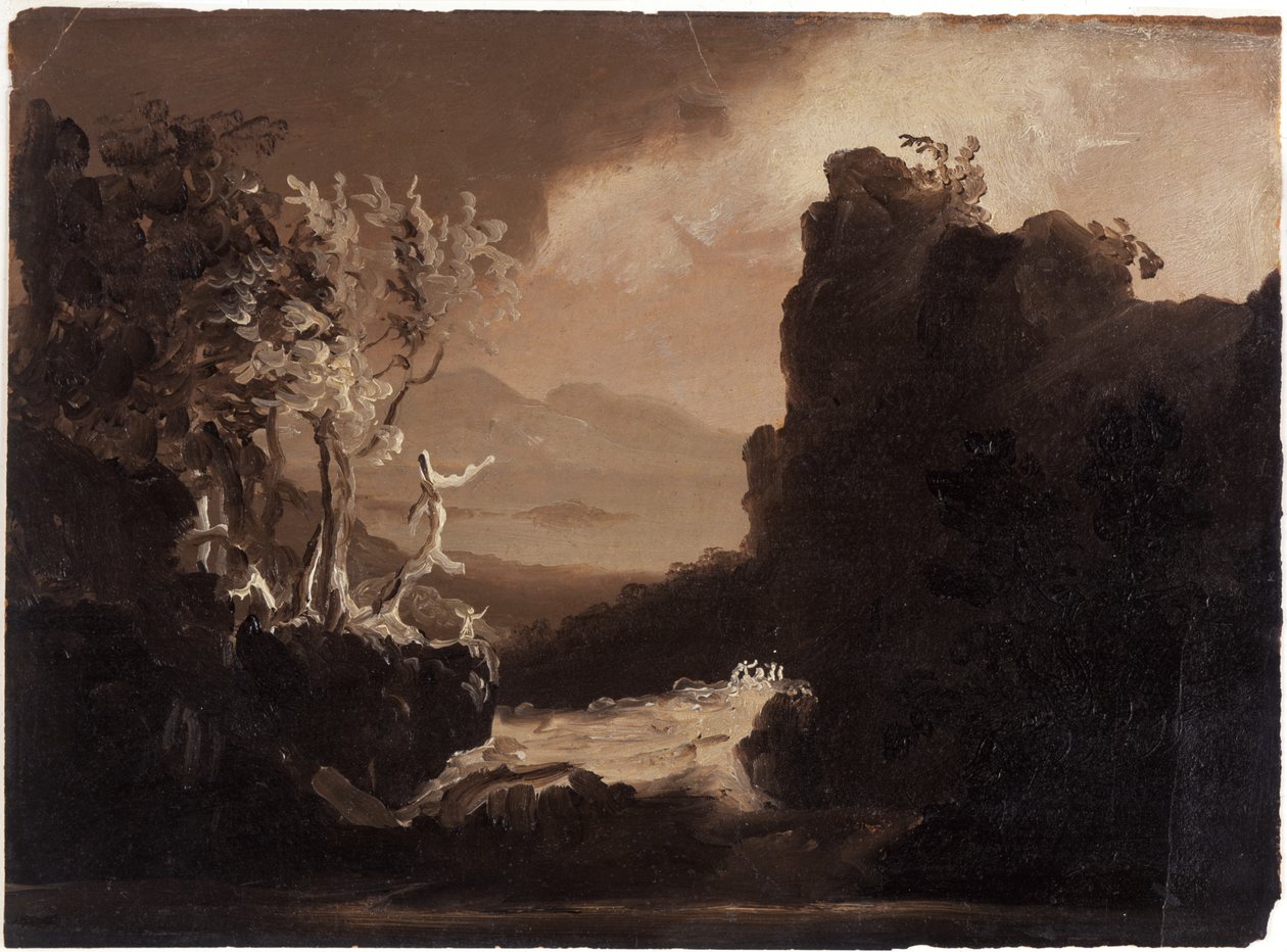 Romantisk landskap (Last of the Mohicans), 1827 (olje på papir) av Thomas Cole
