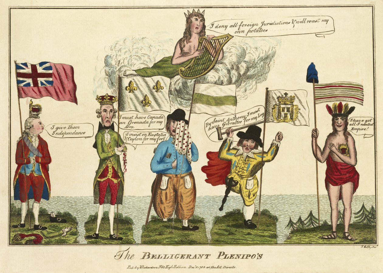 The Belligerent Plenipos, pub. 1782 (håndfarget gravering) av Thomas Colley