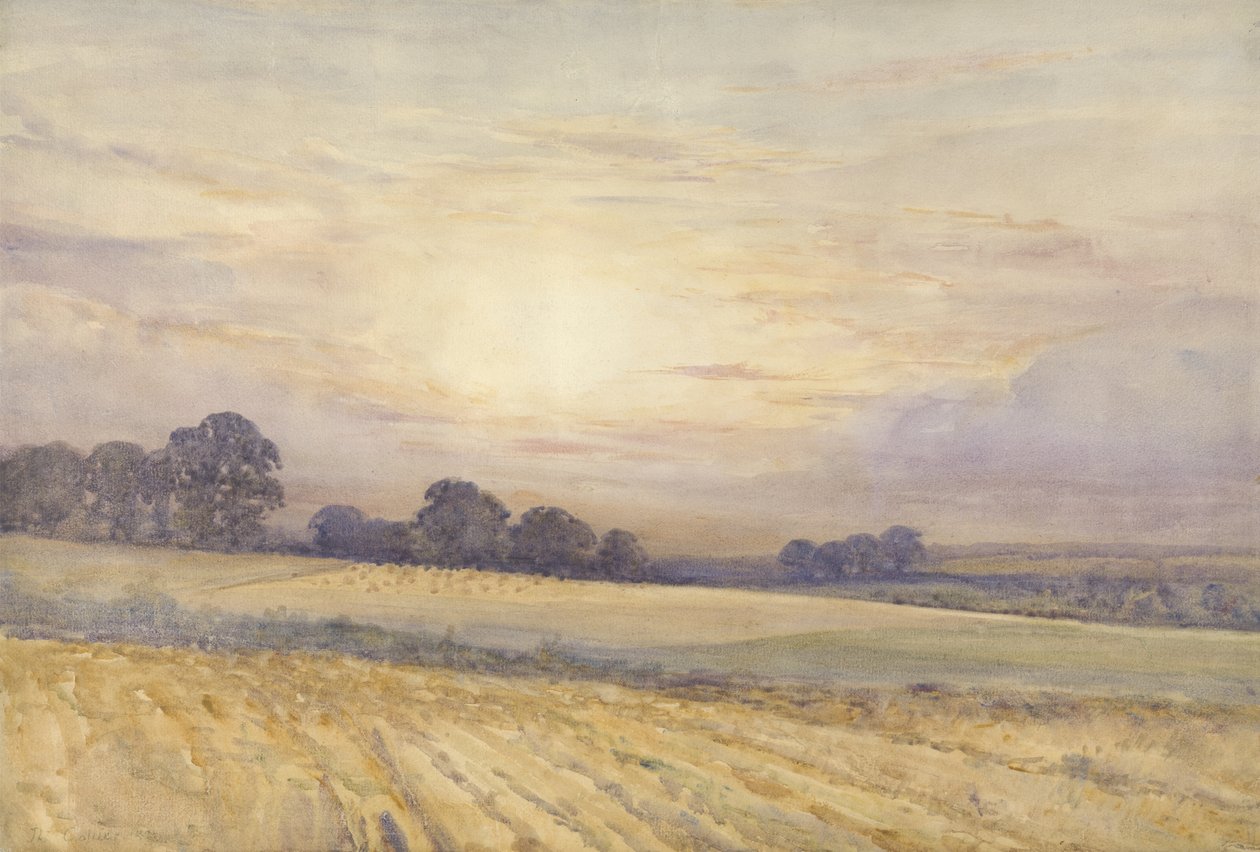 Landskap ved solnedgang, ca. 1891 (wc på papir) av Thomas Collier