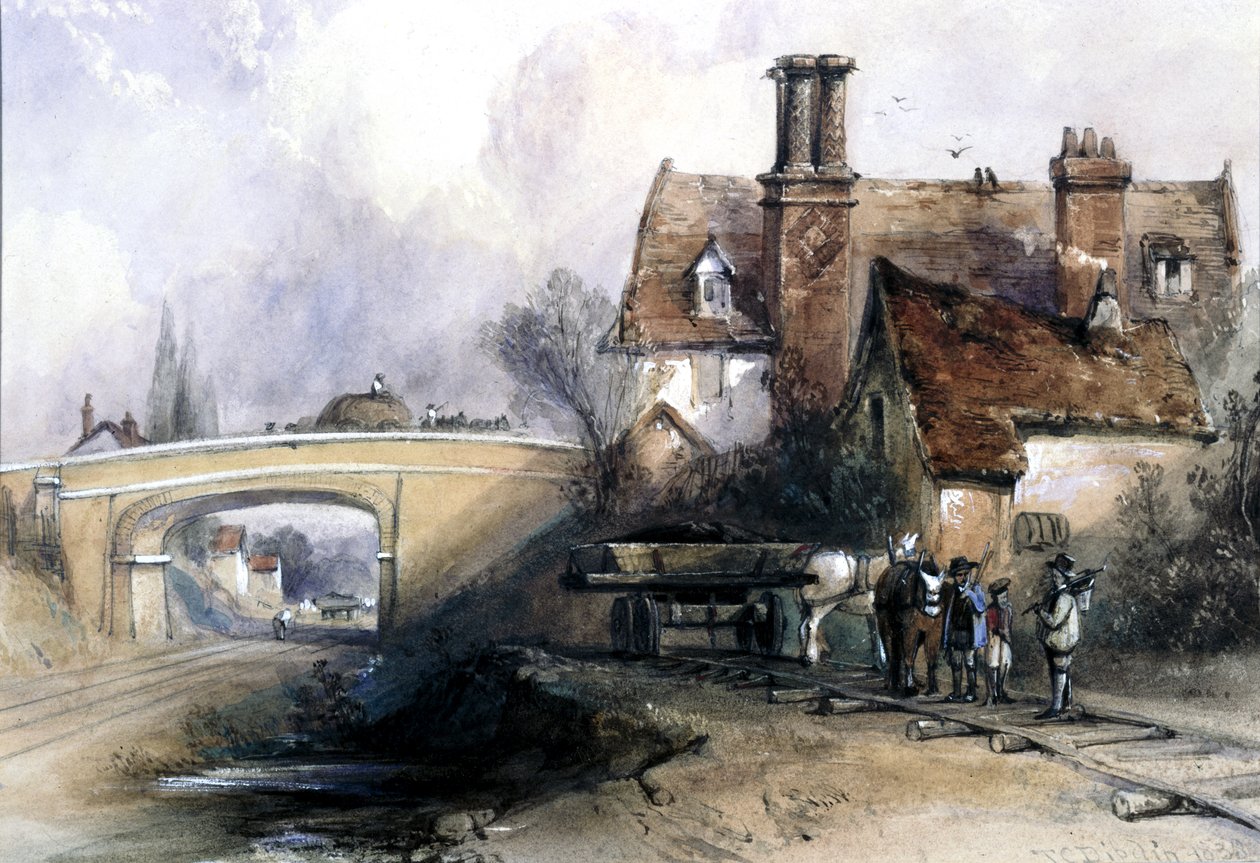Bygging av Eastern Counties Railway, nær Ilford, Essex, 1838 (wc på papir) av Thomas Colman Dibdin