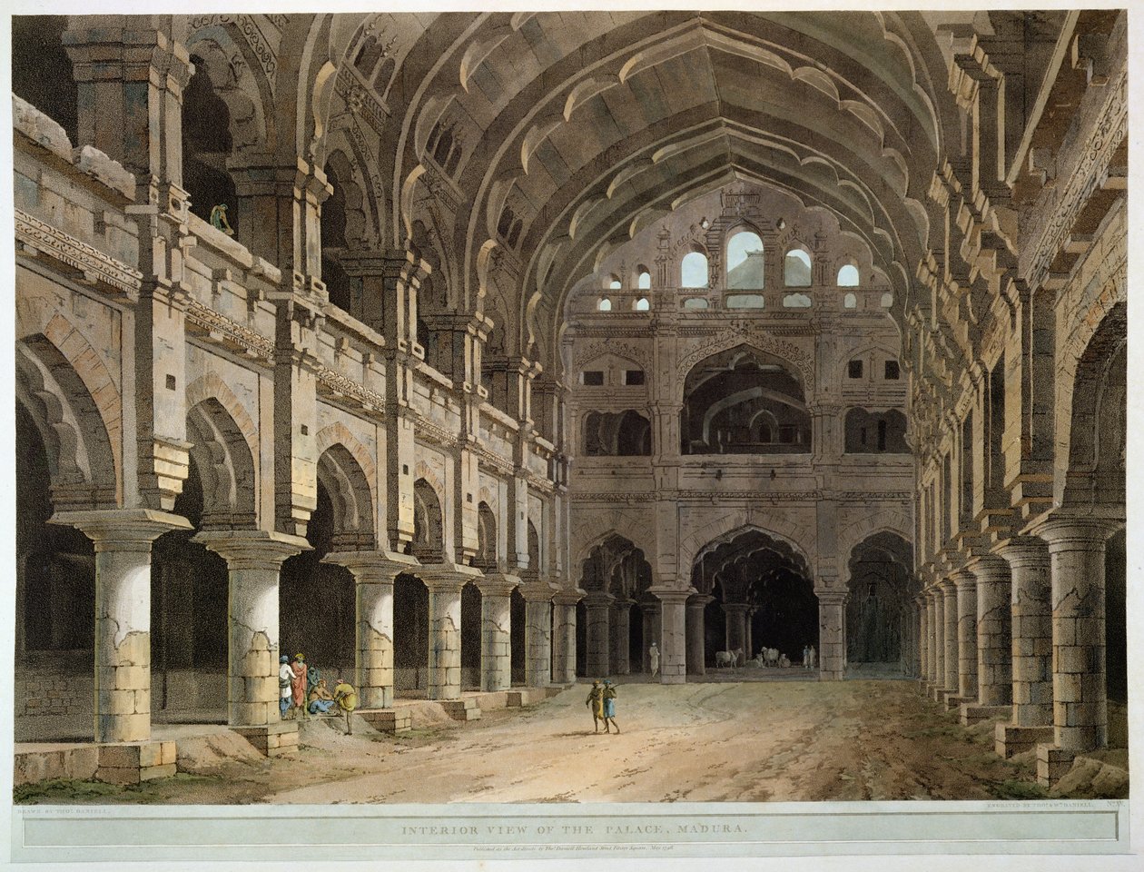 Interiør av palasset, Madura, plate XV fra 'Oriental Scenery', utgitt 1798 (farget akvatint) av Thomas Daniell