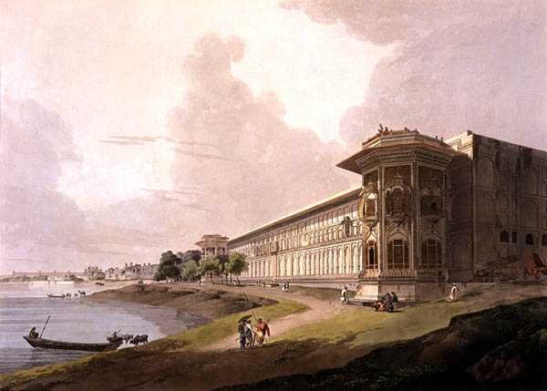 Nordøstutsikt over Cotsea Bhaug, ved elven Jumna, Delhi, fra Oriental Scenery: Twenty Four Views in Hindoostan, 1795 av Thomas Daniell