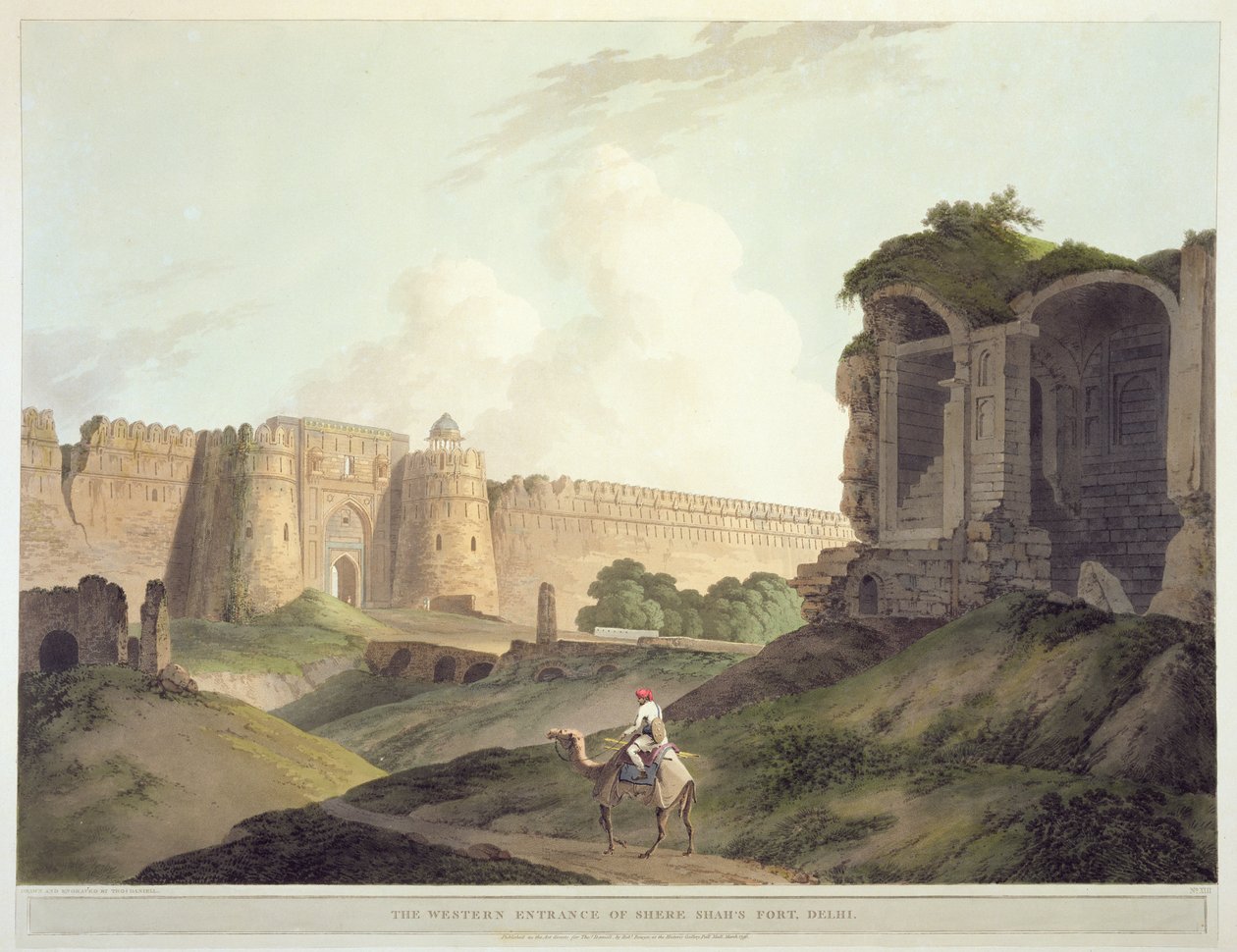 Den vestlige inngangen til Shere Shah's Fort, Delhi, fra 'Oriental Scenery: Twenty Four Views in Hindoostan', 1796 av Thomas Daniell