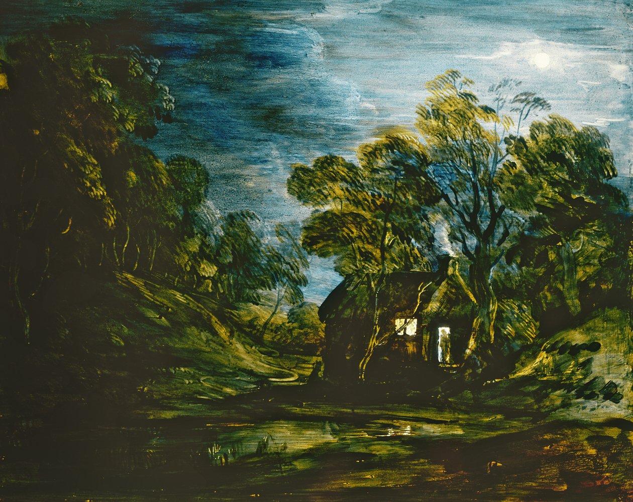 Hytte i måneskinn, ca. 1781-2 (maling på glass) av Thomas Gainsborough