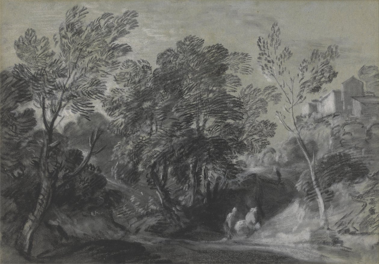 Skogsbevokst landskap med figurer og hus på åsen av Thomas Gainsborough