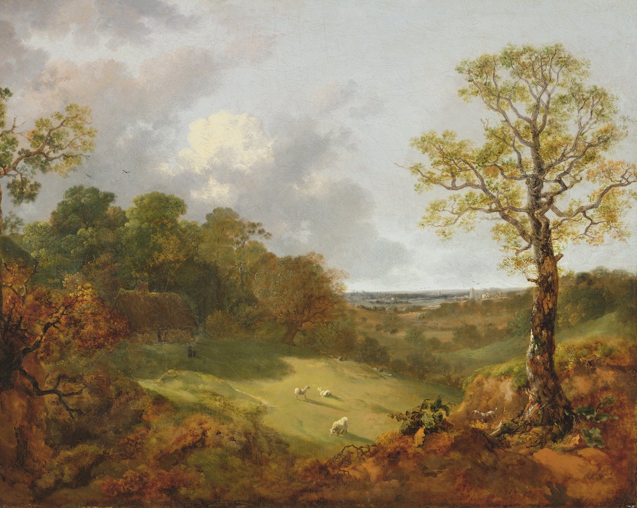 Skoglandskap med hytte, sau og en liggende hyrde, ca. 1748-50 av Thomas Gainsborough