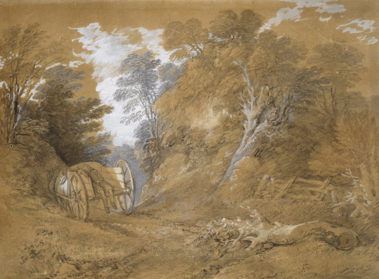 Skoglandskap med en bondegutt som sover i en vogn (akvarell og kroppsfarge over svake markeringer i grafitt på brunt papir) av Thomas Gainsborough