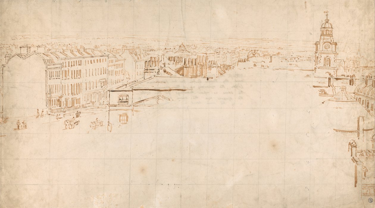 Skisse for Eidometropolis- Panorama, Great Surrey Street og Christchurch, Southwark av Thomas Girtin