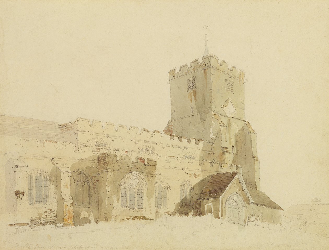 Writtle Church, Essex, ca. 1795 (wc over grafitt på papir) av Thomas Girtin