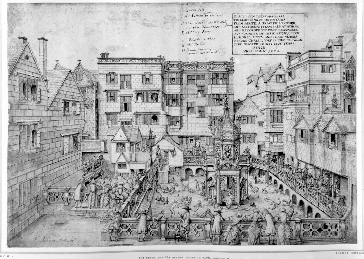 The King's Bath and the Queen's Bath, 1675 (penn og svart blekk) av Thomas Johnson