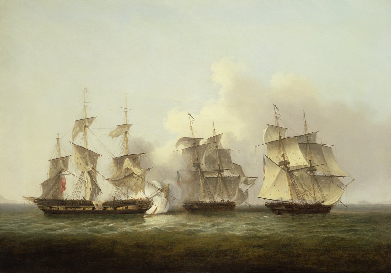HMS Gore i aksjon med de franske briggene Palinure og Pilade (se også 197355) av Thomas Luny