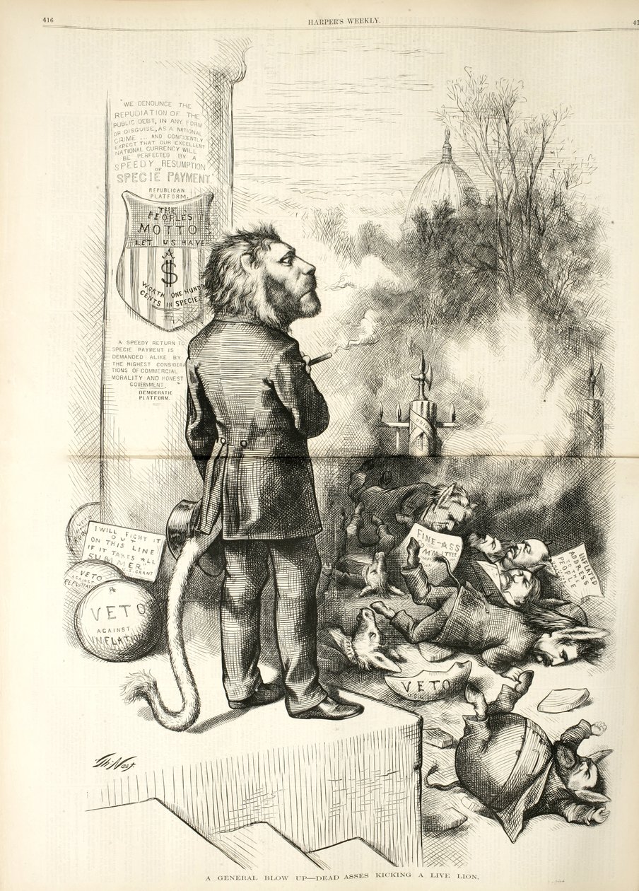 A General Blow Up - Dead Asses Kicking a Live Lion, 1874 (tregravering) av Thomas Nast