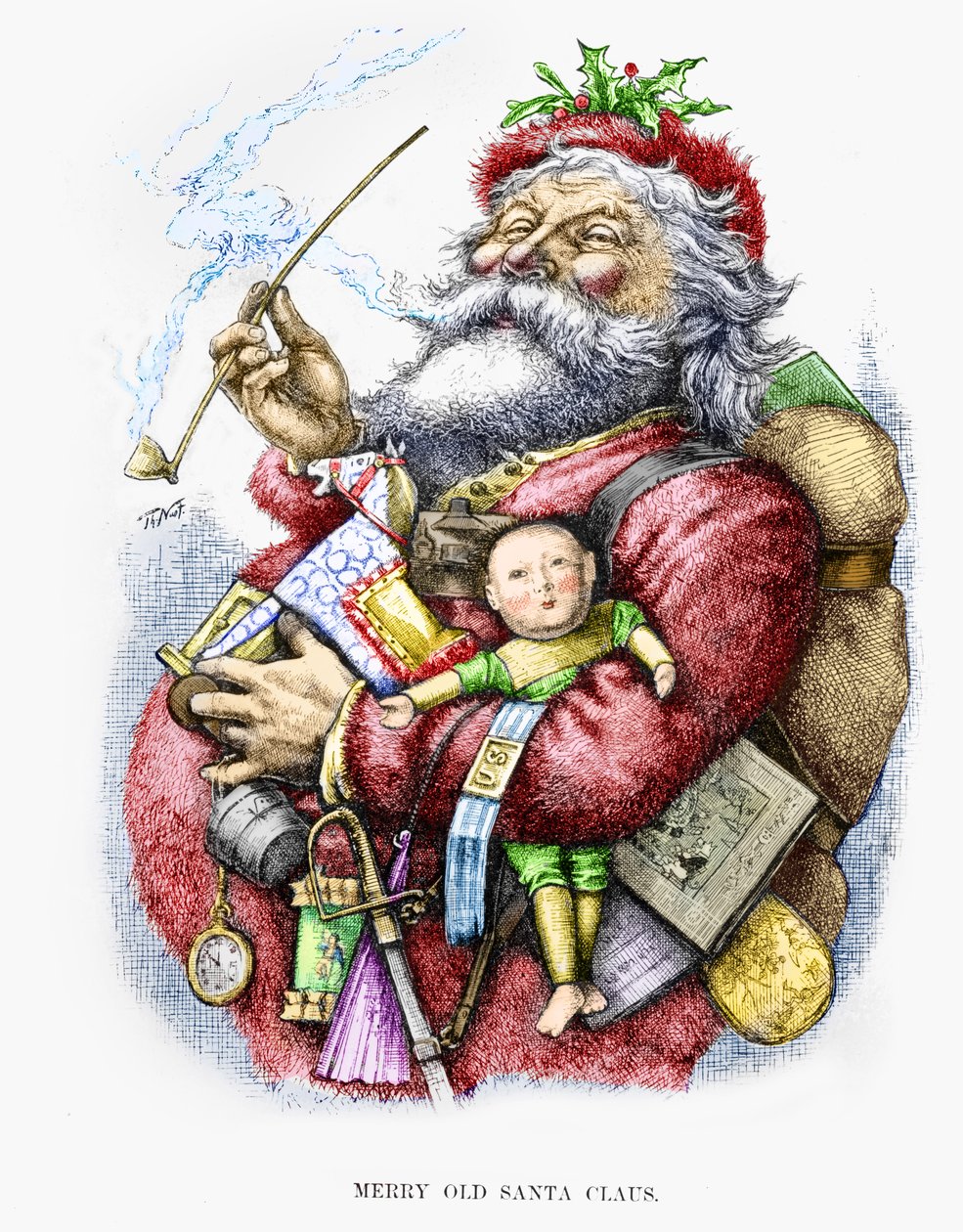 Merry Old Santa Claus, gravert av kunstneren, 1889 (håndfarget gravering) av Thomas Nast