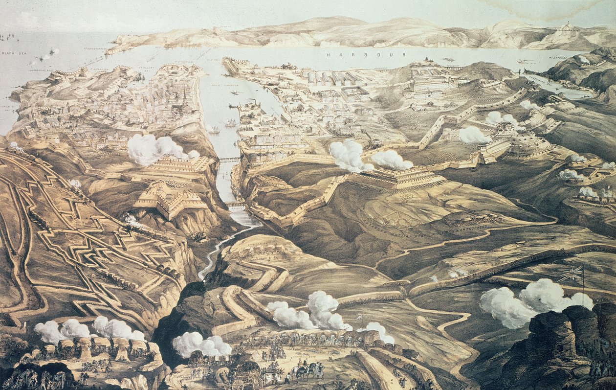 En panoramautsikt over det ytre og indre forsvaret til Sebastopol, batteriene, skyttergravene og beleiringsverkene til de allierte fra skisser av en militæringeniør i staben til Sir J. Burcoyne, pub. b av Thomas Packer