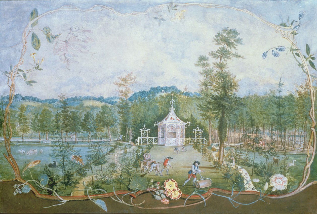 Kinesisk paviljong i en engelsk hage, 1700-tallet (wc og gouache på papir) av Thomas Robins