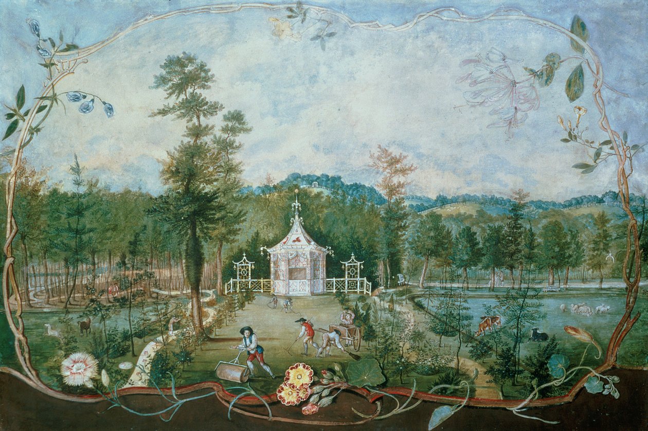 Kinesisk paviljong i en engelsk hage, 1700-tallet (wc og gouache på papir) av Thomas Robins