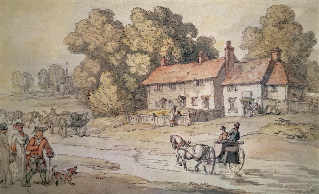 En Gig Fording a Stream av Thomas Rowlandson