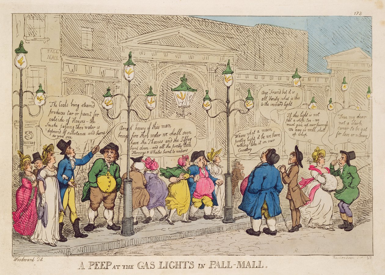 En titt på gasslysene i Pall Mall av Thomas Rowlandson