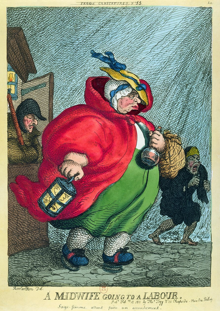 En jordmor på vei til fødsel, 1811 av Thomas Rowlandson