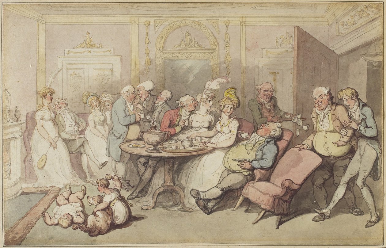 After Dinner, ca. 1805 (penn og brun, vermilion og grått blekk, & wc over grafitt på vevd papir på originalfeste med håndtegnet kant) av Thomas Rowlandson