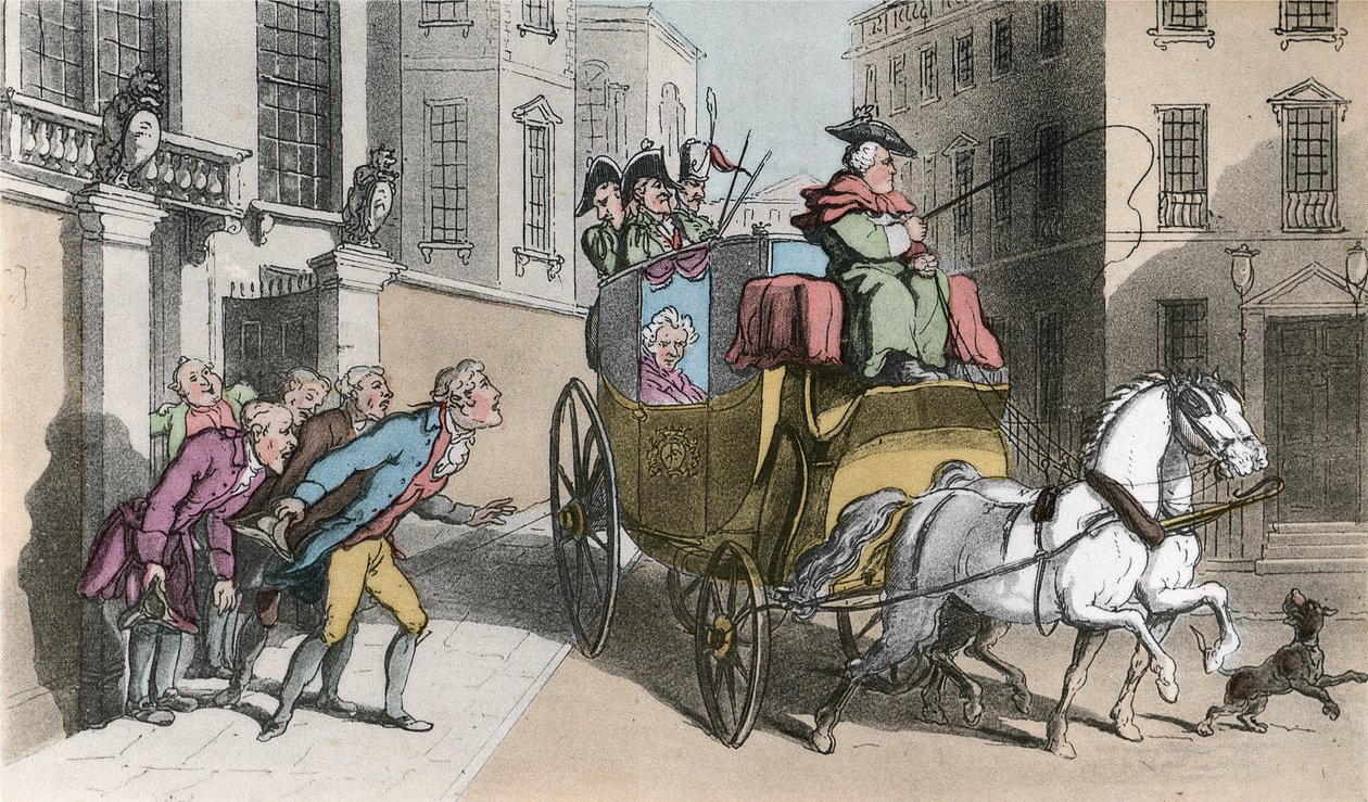 Oppmøte på en adelsmann, illustrasjon fra 'The Vicar of Wakefield' av Oliver Goldsmith, pub. Ackermann, 1817 (håndfarget akvatint) av Thomas Rowlandson