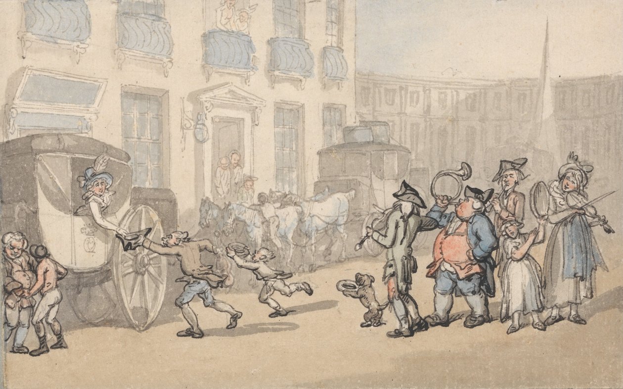Bekvemmeligheter for bad- busser ankommer av Thomas Rowlandson