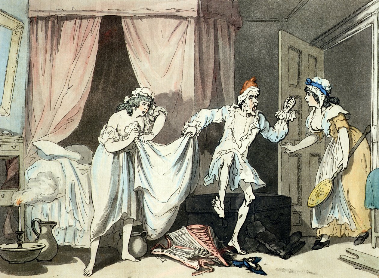 Damp Sheets, aquatinted av Thomas Malton (1748-1804), pub. 1791 (farget etsning med akvatint) av Thomas Rowlandson