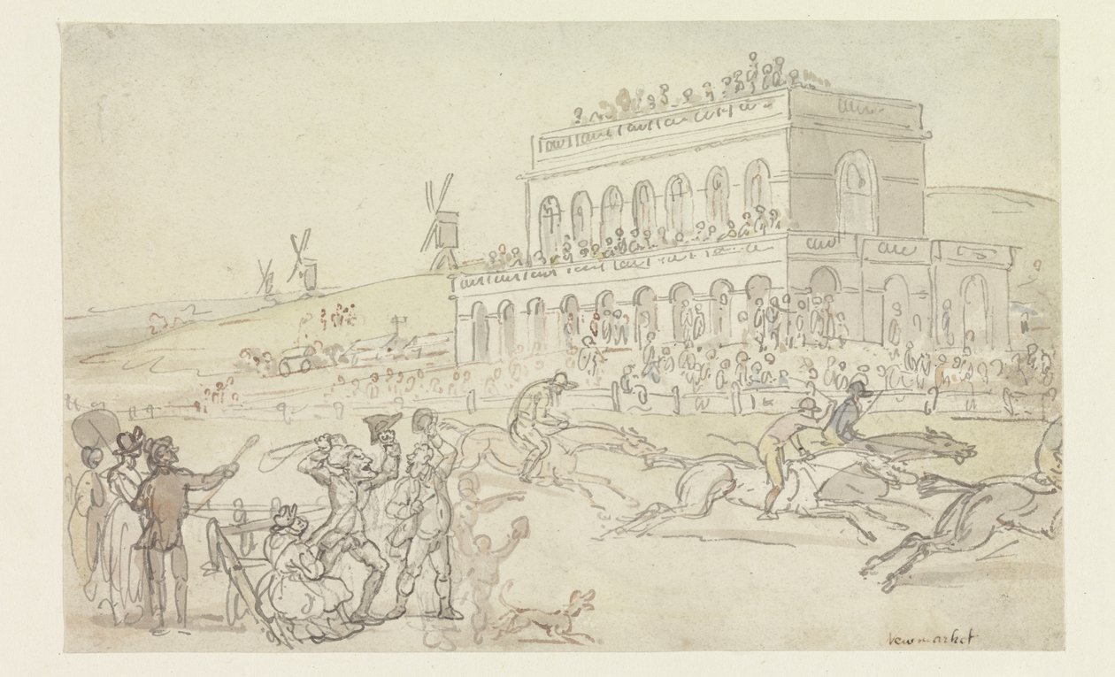 Doctor Syntax taper pengene sine på Race Ground i York (penn og blekk med wc på papir) av Thomas Rowlandson
