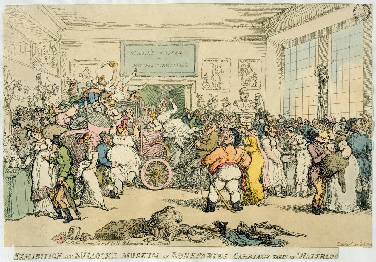 Utstilling på Bullock's Museum of Bonaparte's Carriage Tatt på Waterloo, pub. av Rudolph Ackermann, 1816 (akvatint) av Thomas Rowlandson