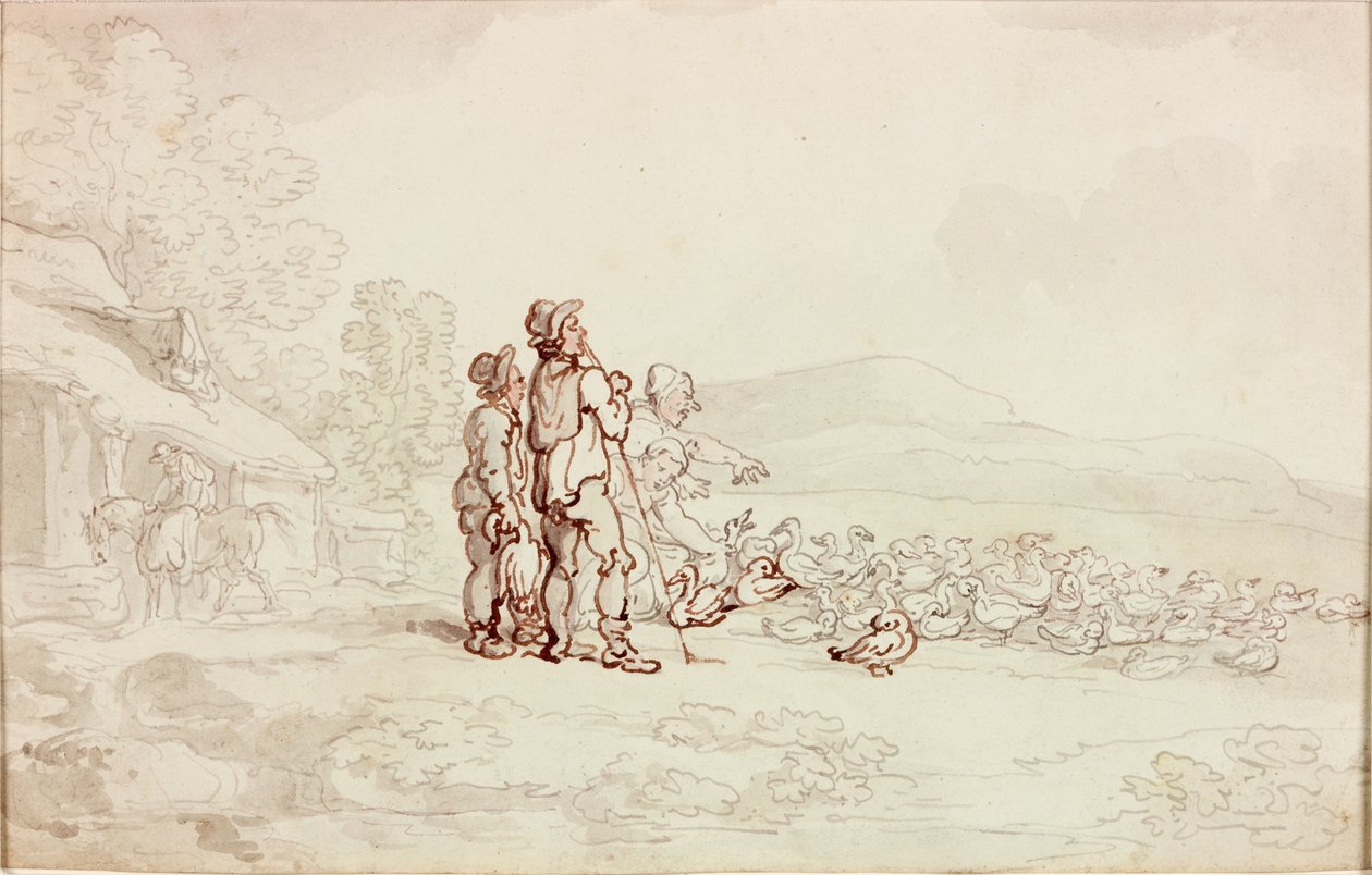 Gårdsscene med gjessflokk (blyant og akvarell på papir) av Thomas Rowlandson