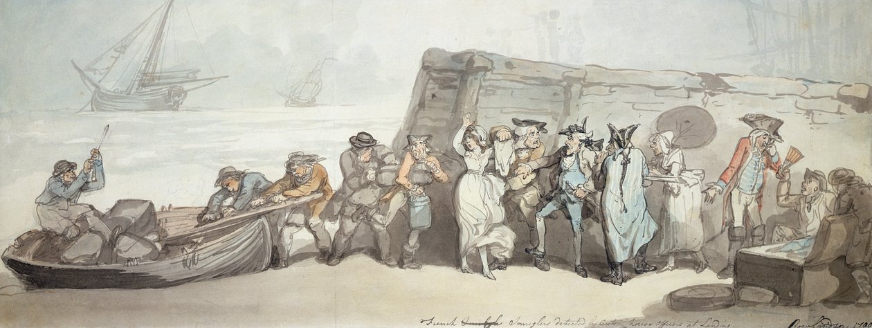 Franske smuglere oppdaget av tollbetjenter ved Landing, 1790 (penn og blekk, wc og blekkvask på papir) av Thomas Rowlandson