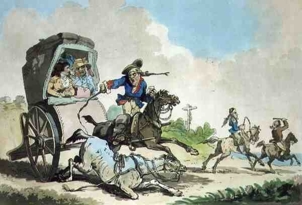 French Travelling, eller The First Stage from Calais, aquatinted av Francis Jukes (1747-1812), pub. av T. Smith, 1785 (farget etsning med akvatint) (par 125733) av Thomas Rowlandson