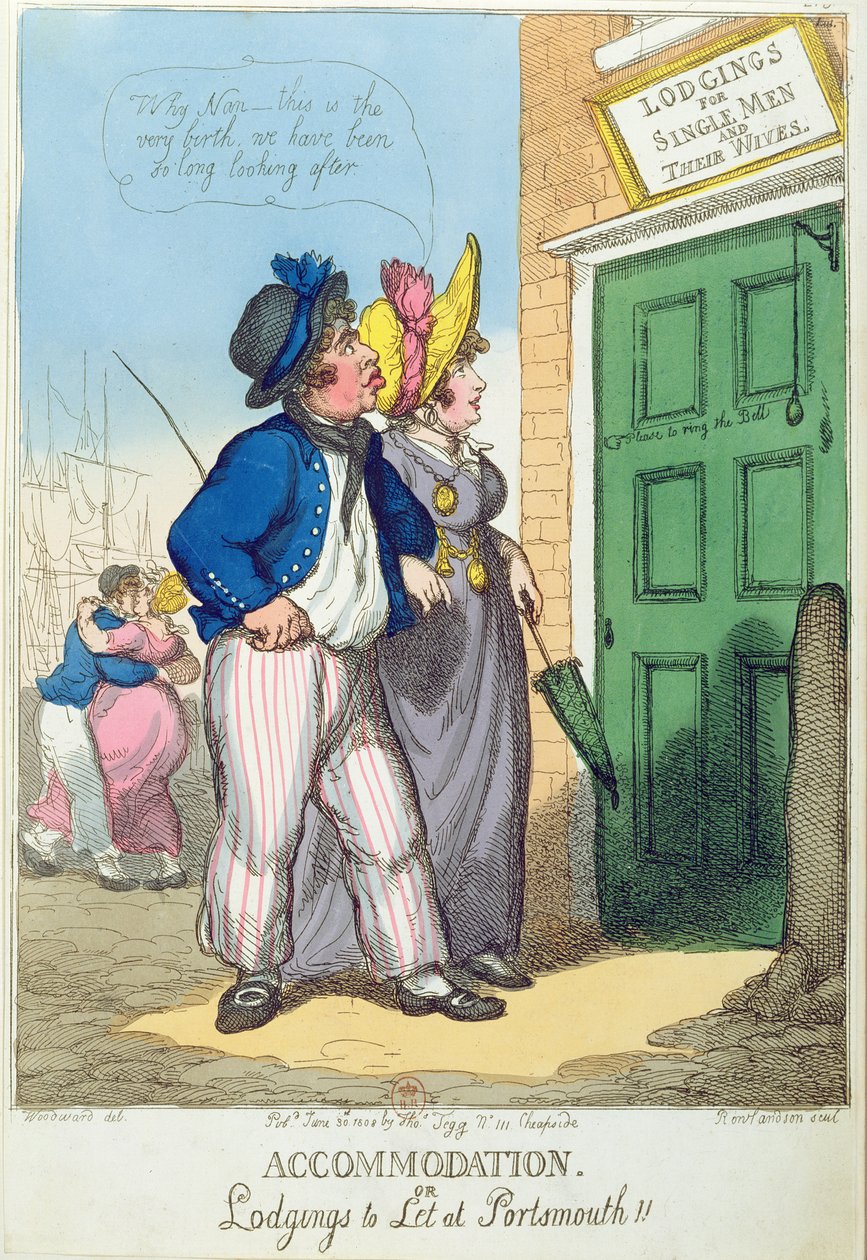 Losji for single menn og deres koner i Portsmouth, 1808 av Thomas Rowlandson