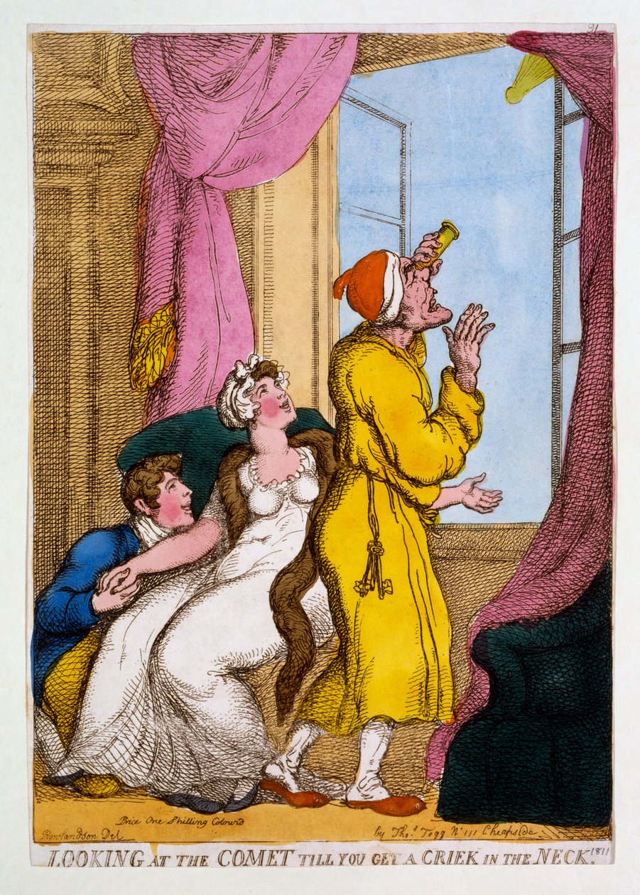 Ser du på kometen til du får et skrik i nakken, 1811 (håndfarget gravering) av Thomas Rowlandson
