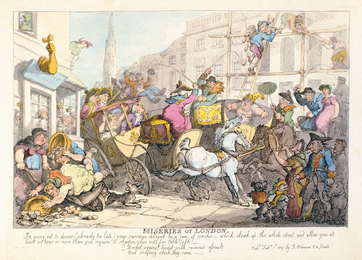 Miseries of London: Bryst mot bryst med ødeleggende overfall og dødelig sjokk kommer de, pub. av Ackermann, 1807 av Thomas Rowlandson