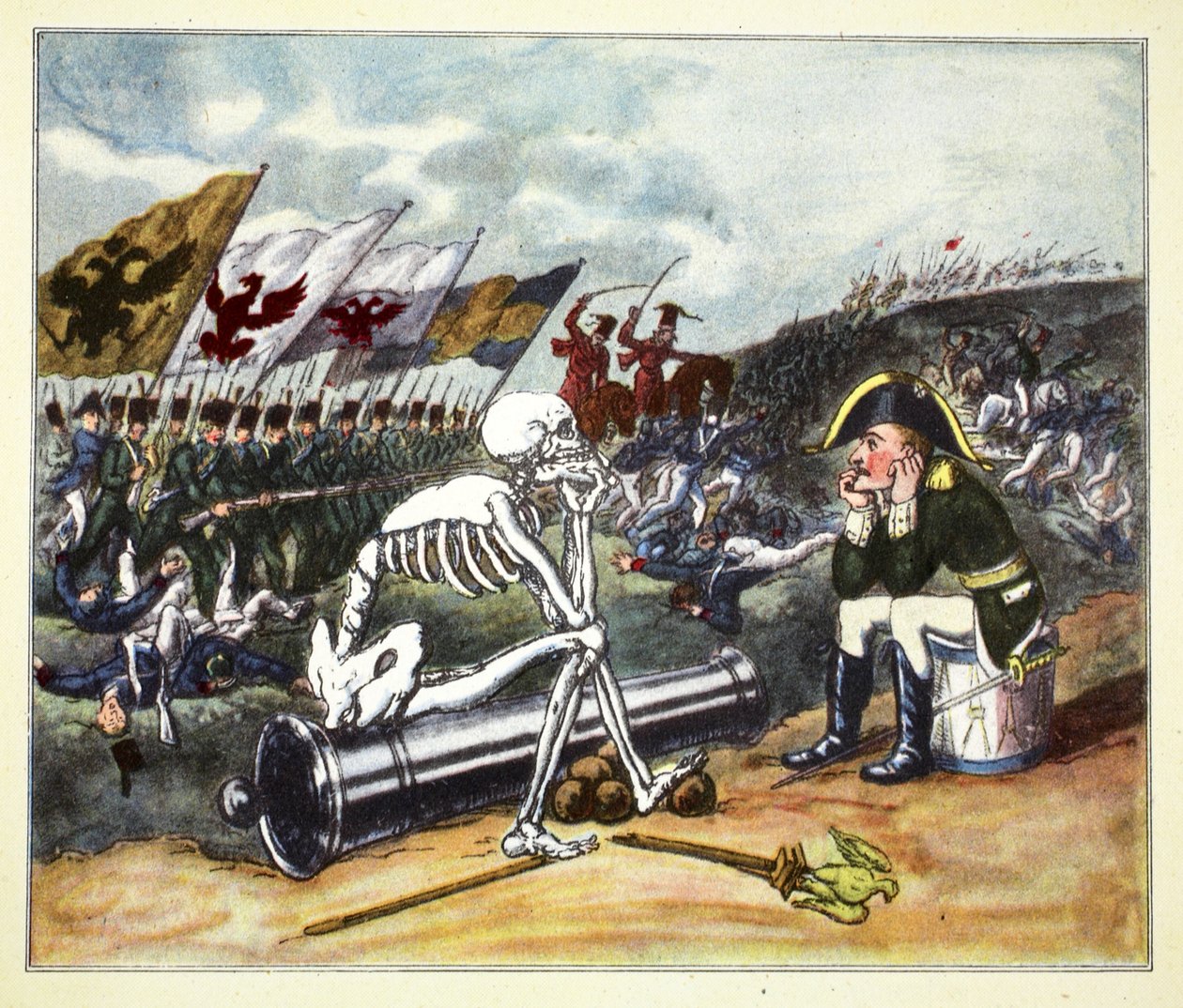 Napoleon på slagmarken i Leipzig, 1813 (håndfarget gravering) av Thomas Rowlandson