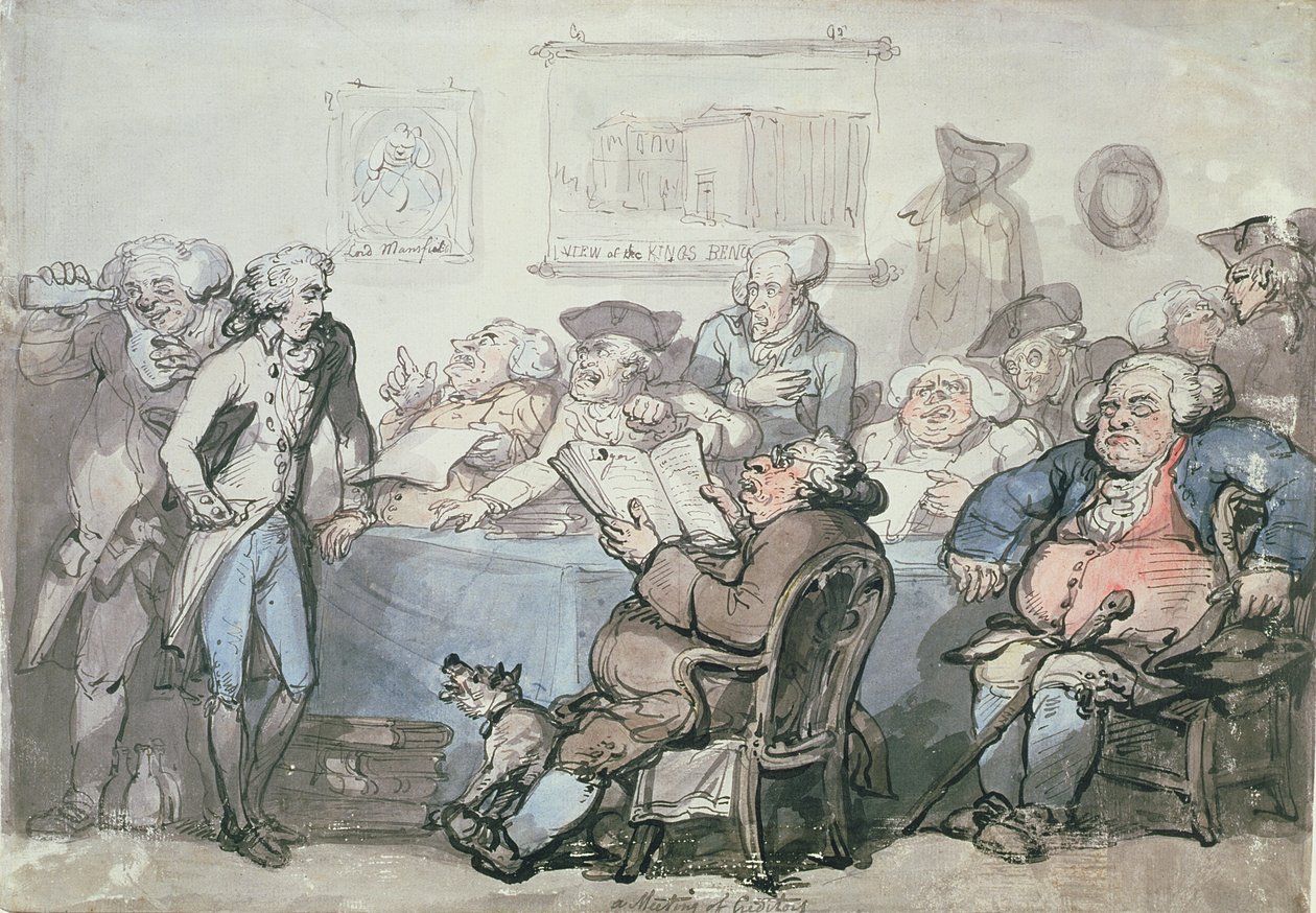 No.1744 Et kreditormøte (penn, blekk og wc på papir) av Thomas Rowlandson