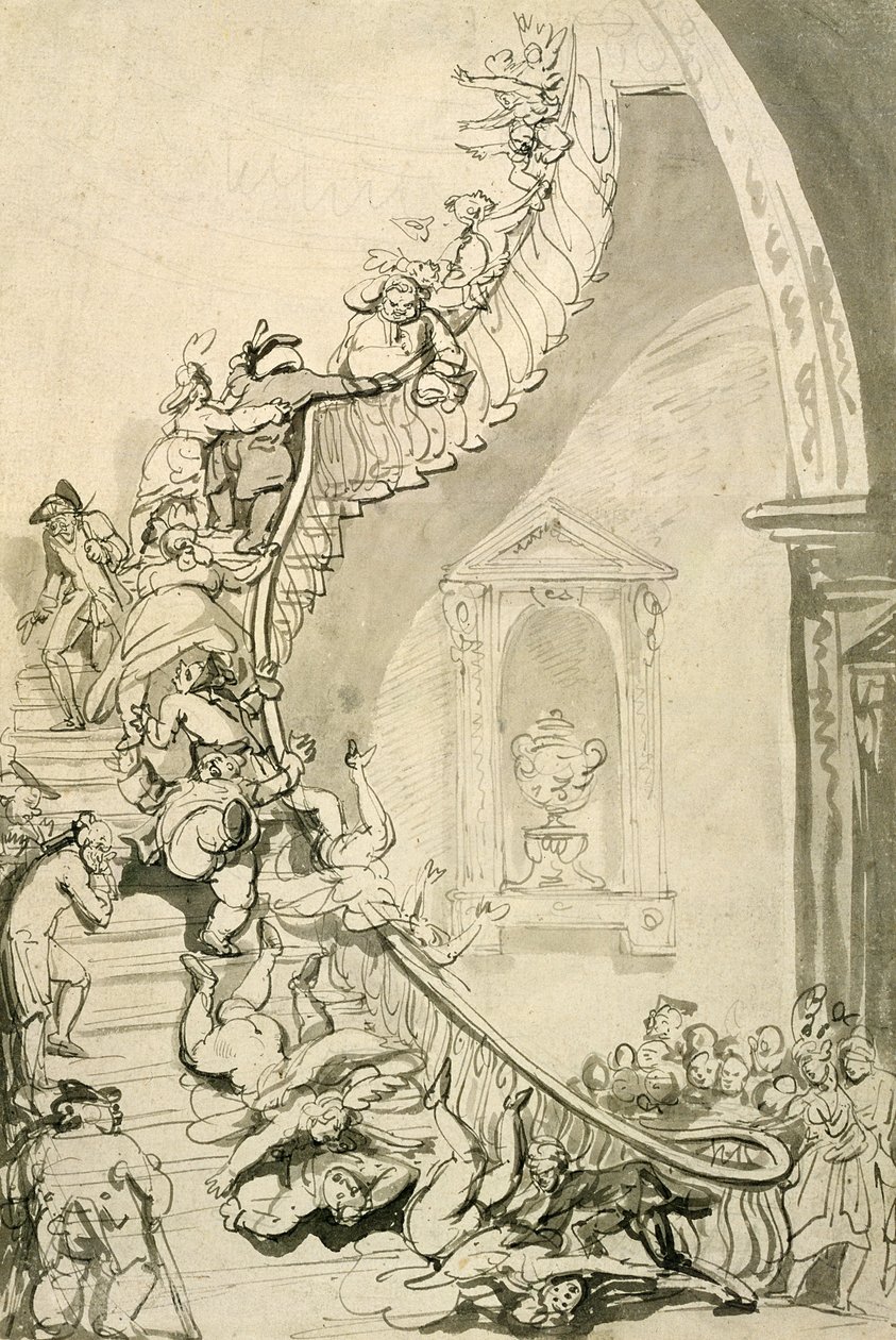 The Exhibition Starecase (penn og blekk med vask på papir) av Thomas Rowlandson