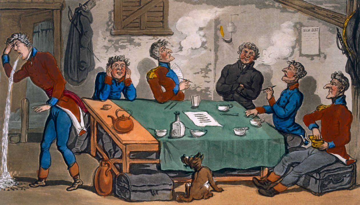 The Military Adventures of Johnny Newcombe, med en beretning om kampanjen hans på halvøya, og i Pall Mall, 1816 (håndfarget etsning og aquatint) av Thomas Rowlandson