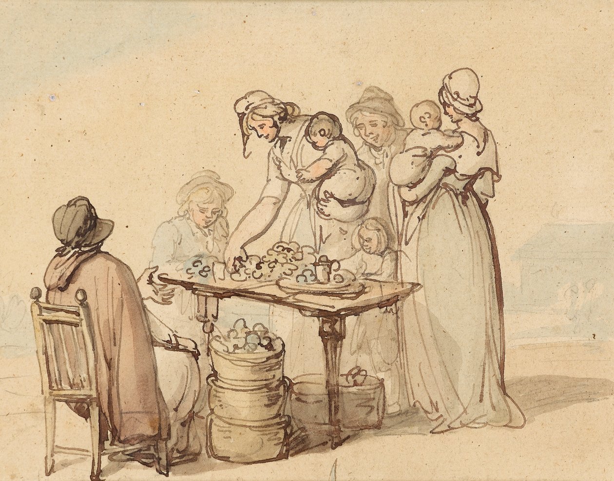 The Oyster Stall (penn og brunt blekk med vask på papir) av Thomas Rowlandson