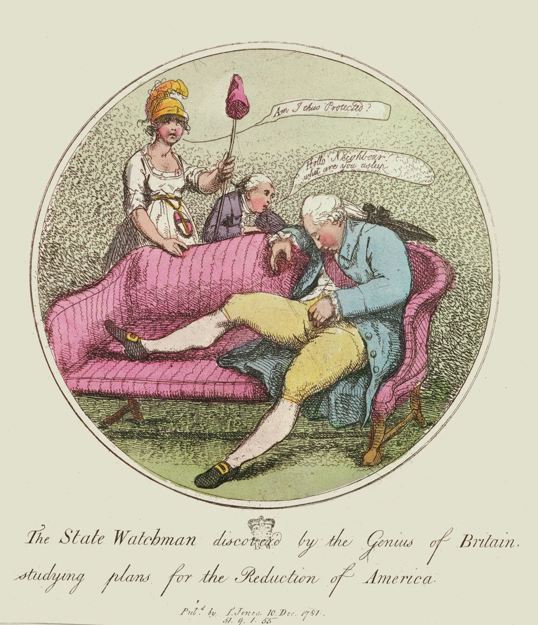 The State Watchman oppdaget av geniet fra Storbritannia, studerte planer for reduksjon av Amerika, 1781 (fargetsning) av Thomas Rowlandson