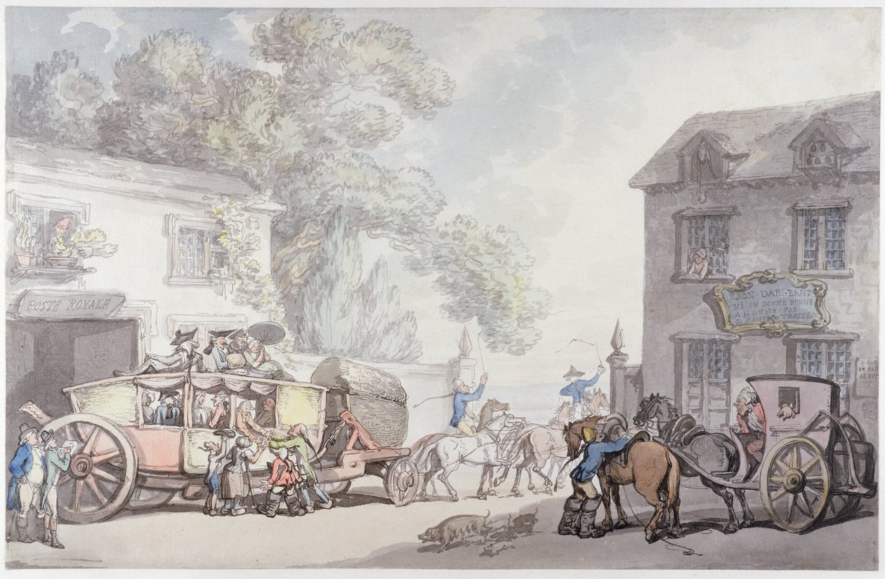 Reiser i Frankrike, ca. 1790 (penn og blekk med wc på papir) av Thomas Rowlandson