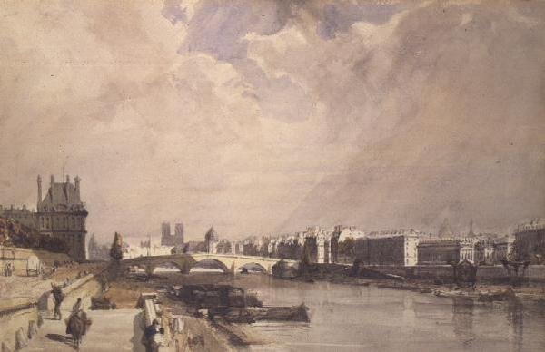 Utsikt langs Seinen med Pont Royal og Pavilion de Flore, Tuileries av Thomas Shotter Boys