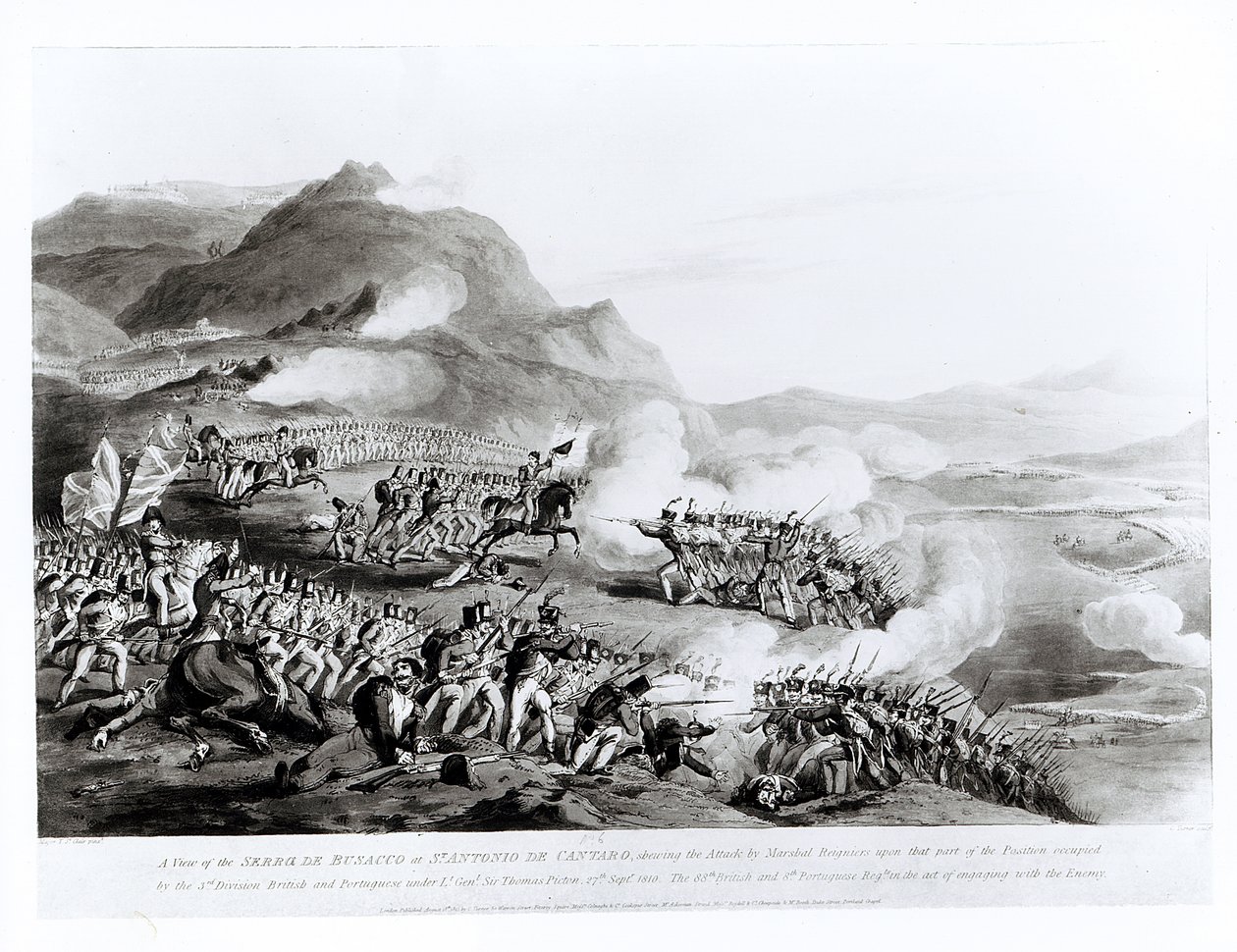 En utsikt over Serra de Busacco ved San Antonio de Cantara som viser angrepet av marskalk Reigniers på de britiske og portugisiske styrkene under generalløytnant Sir Thomas Picton, 27. september 1810, gravert av Thomas Staunton St. Clair