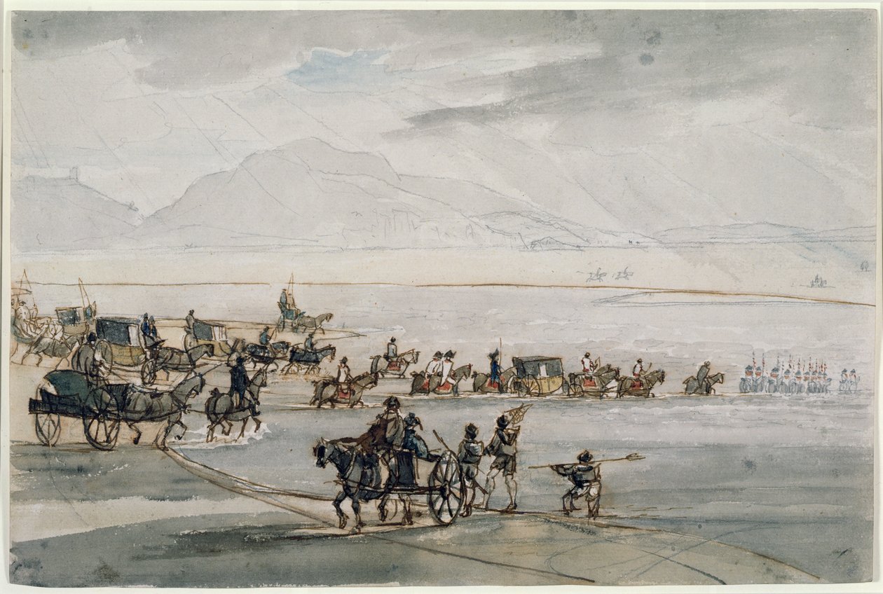 The High Sheriff of Lancashire Crossing Morecambe Sands (wc, penn og blekk på papir) av Thomas Sunderland